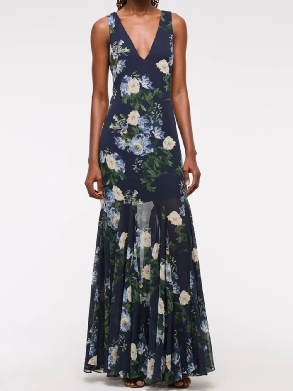 Abercrombie Dark Indigo Floral Plunge Godet Skirt Maxi Dress- Size Large Tall